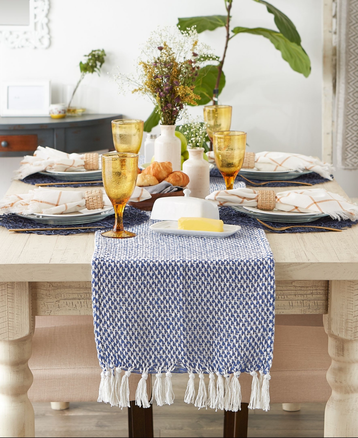 Design Imports Woven Jacquard Fringe Table Runner, 15" X 72" In Nautical Blue