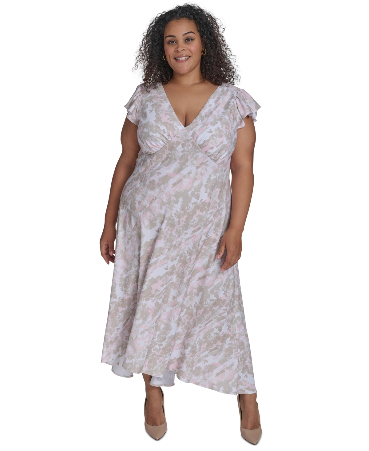 CALVIN KLEIN PLUS SIZE PRINTED FLUTTER-SLEEVE MAXI DRESS 