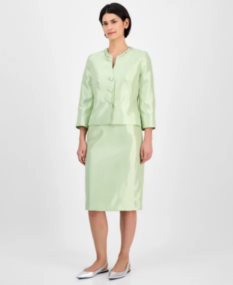 Women's Collarless Three-Button 3/4-Sleeve Jacket & Slim Skimmer Skirt Set, Regular & Petite - Celery