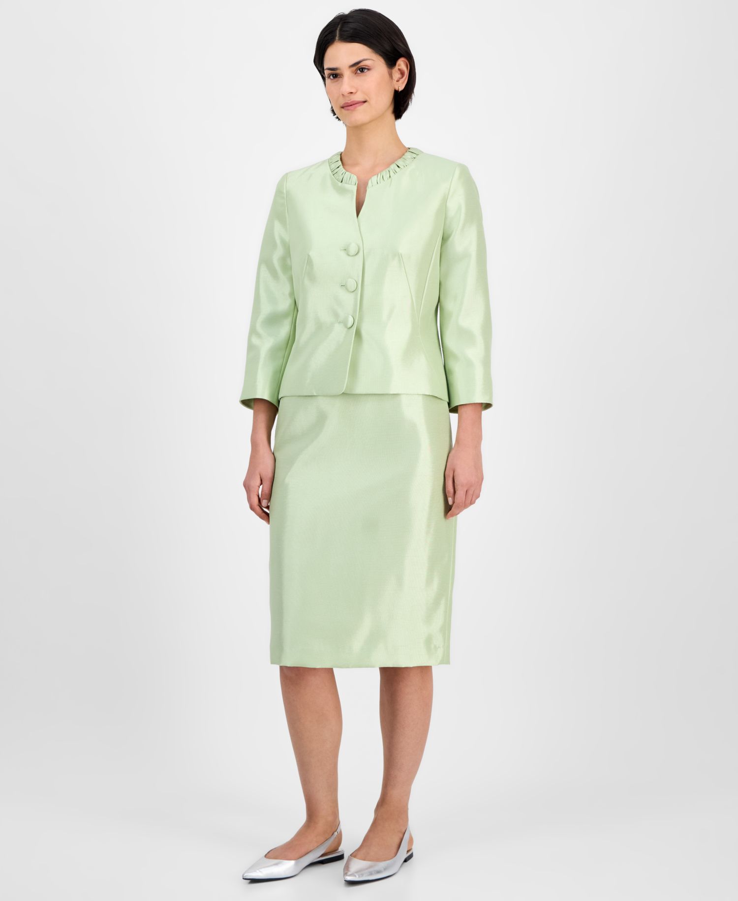 Women's Collarless Three-Button 3/4-Sleeve Jacket & Slim Skimmer 2 Piece Skirt Suit
