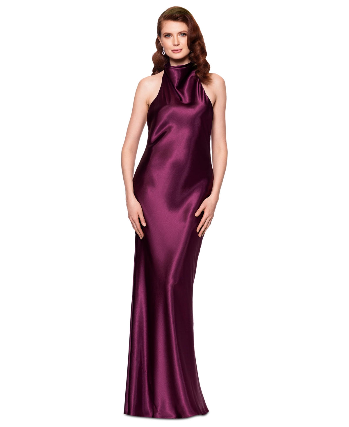 Women's Halter-Neck Sleeveless Satin Gown - Plum