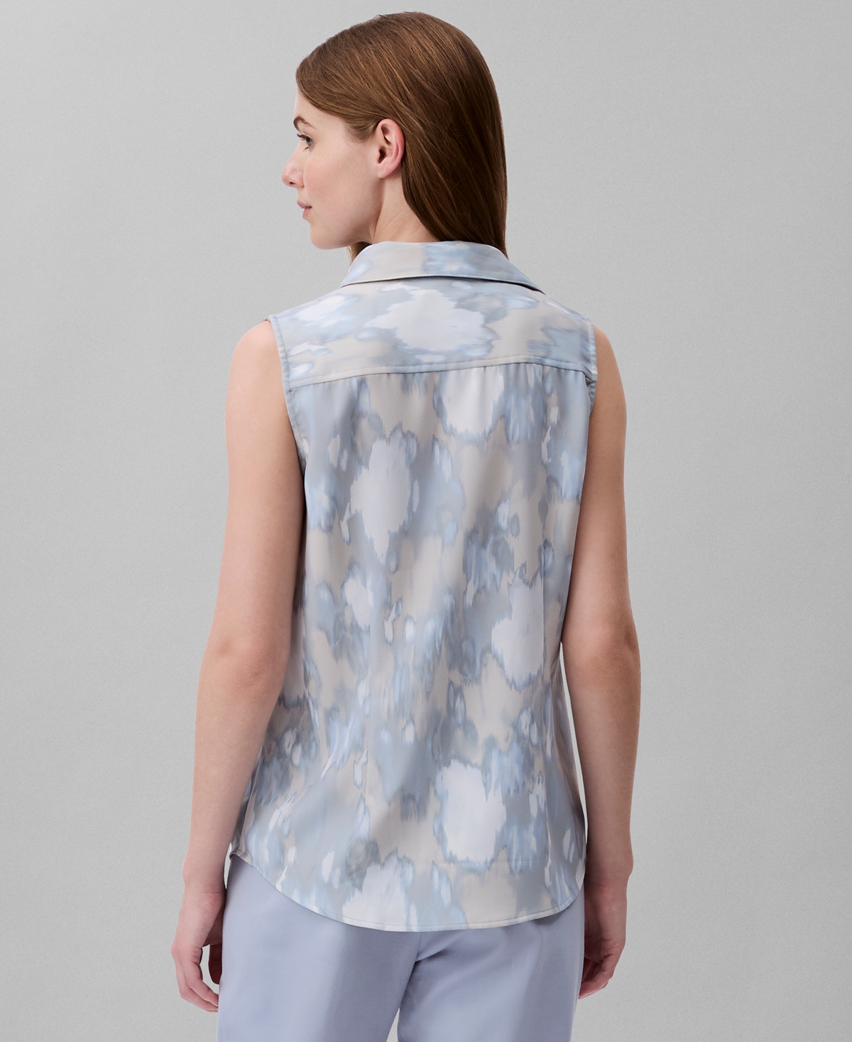 Shop Calvin Klein Women's Sleeveless Printed Button-down Blouse In Tofu