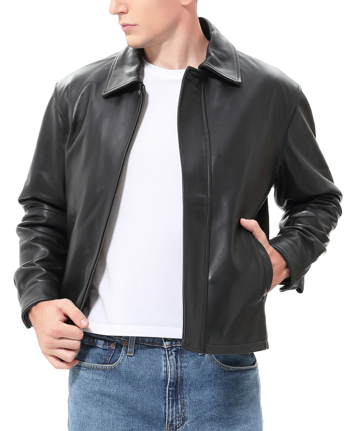 Men Ryan Zip Front Leather Jacket - Tall - Black
