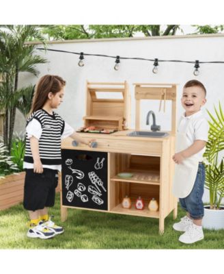 Wooden Barbecue Grill Playset with Chalkboard and Sink and Cabinet