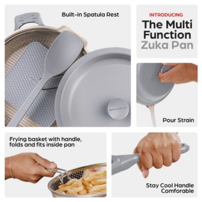 Zuka Everyday Pan 3.25 Qt. Ceramic 10 in 1 Nonstick Multi-Functional Saute Pan with Lid, Nylon Spoon, & Steamer Basket