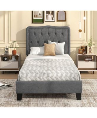 Twin Size Bed Frame with 46" Tall Button Tufted Headboard Wooden Slats Support