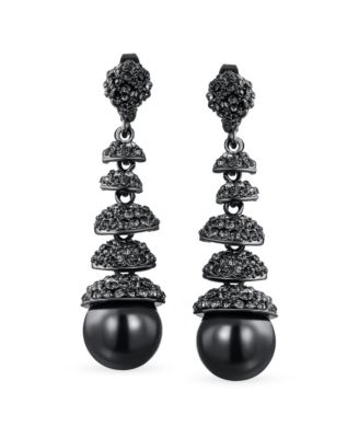 Crystal Disc Ball Dangle Simulated Pearl Earrings Formal Holiday Party Black Teardrop