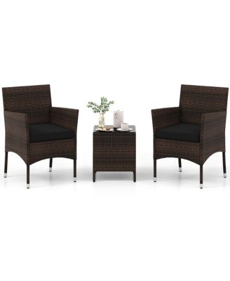 3 PCS Outdoor Conversation Set w/ Cushioned Seat and Tempered Glass Tabletop