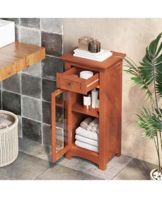 Bathroom Floor Cabinet with Single Glass Door Drawer & Adjustable Shelf