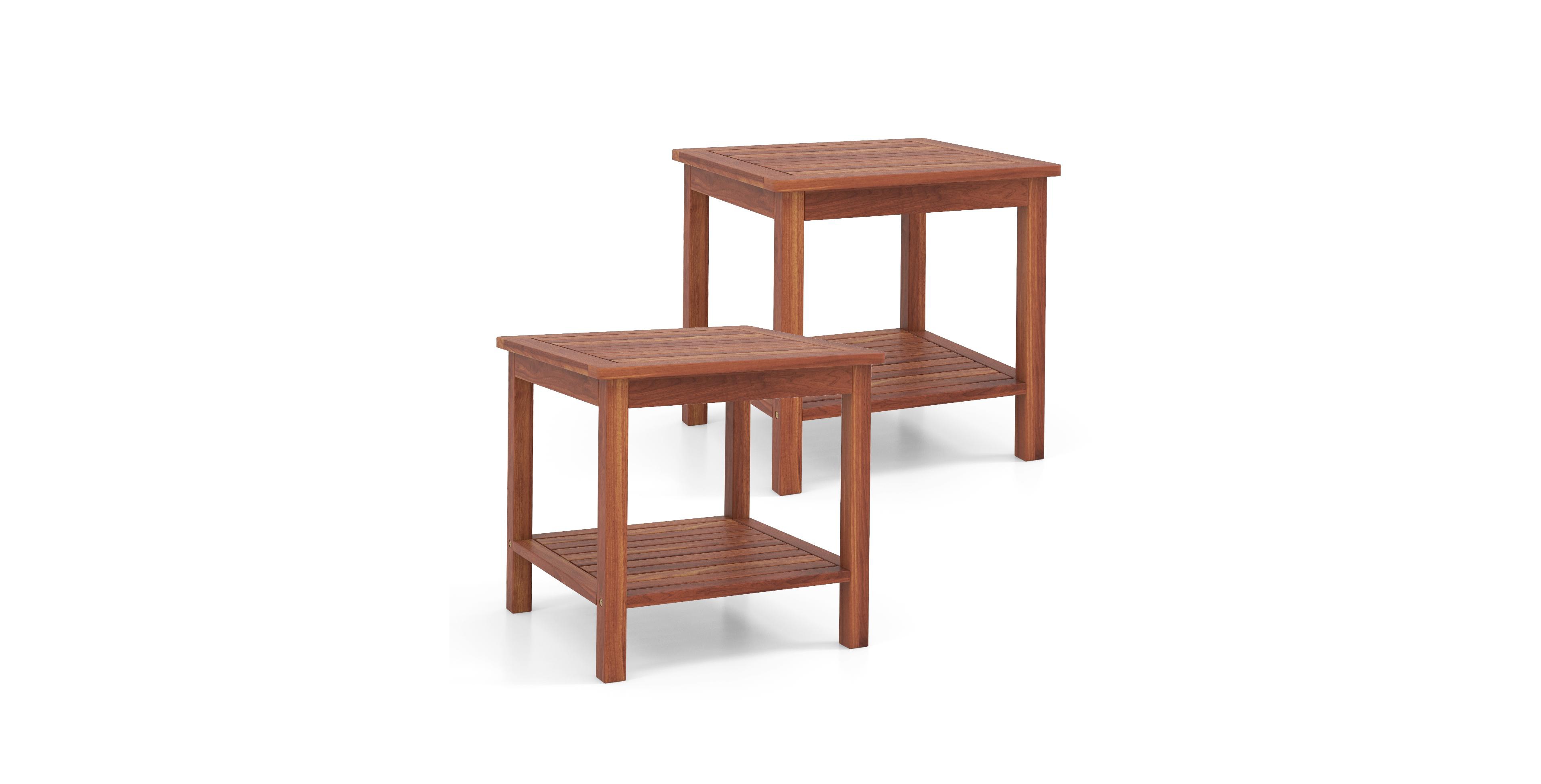 Set of 2 Double-Tier Acacia Wood Patio Side Table with Slatted Tabletop and Shelf