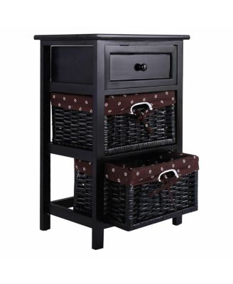 3 Tier Set of 2 Wood Nightstand with 1 and 2 Basket Drawer