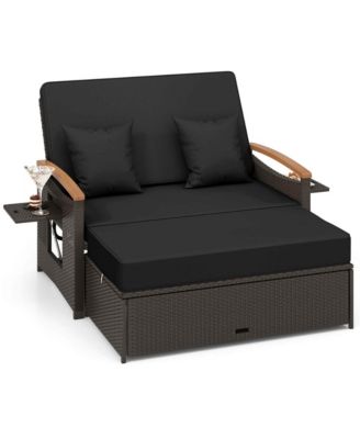 Patio Rattan Daybed Set with Cushioned Loveseat & Storage Ottoman for Porch