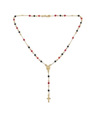 Religious Red Black Bead Rosary Necklace with Virgin Mary and Crucifix Cross