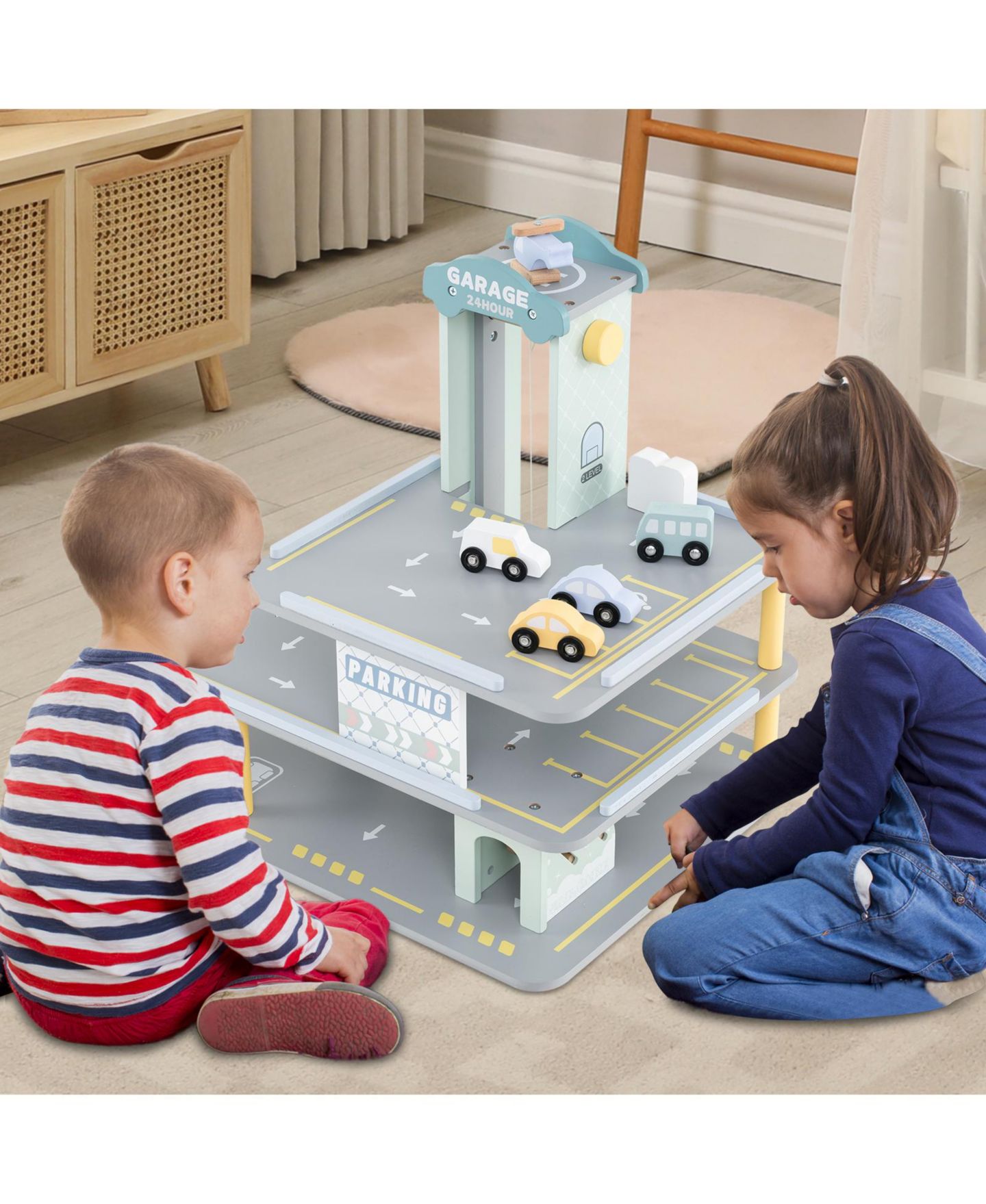 Детский игровой набор Slickblue Parking Garage Playset with 4 Cars & Helicopter Fun Toy for Kids, цвет: Серый — фото 4