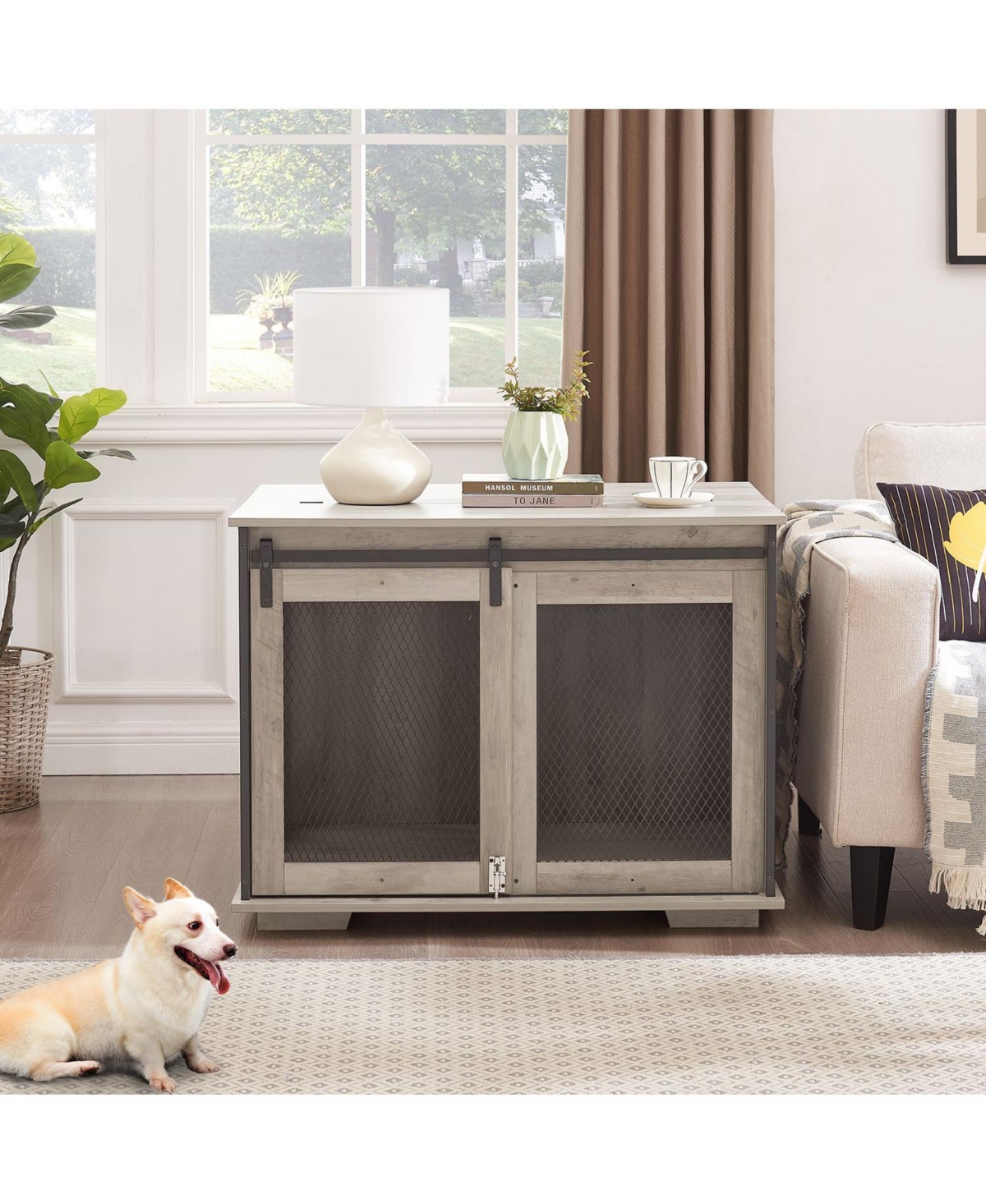 Farmhouse Dog Cage Crate Furniture with Sliding Barn Door Gray - Grey wood top and frame