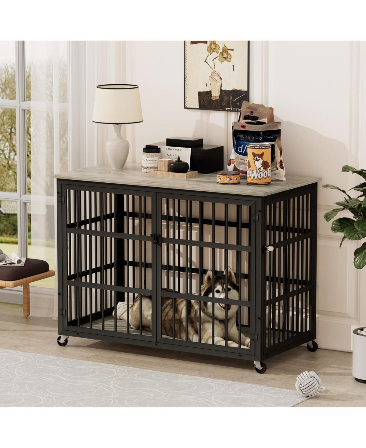 Furniture style dog crate wrought iron frame door with side openings, Rustic Brown - Grey wood top and black frame
