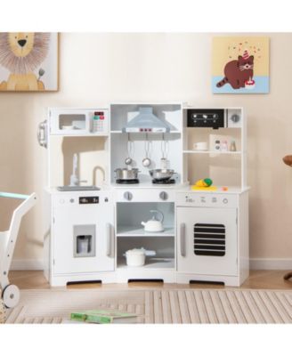 Pretend Play Wooden Kitchen Toy Set with Range Hood Real Sounds and Lights for Kids