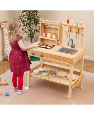 Wooden Barbecue Grill Playset with Play Food and Open Shelves