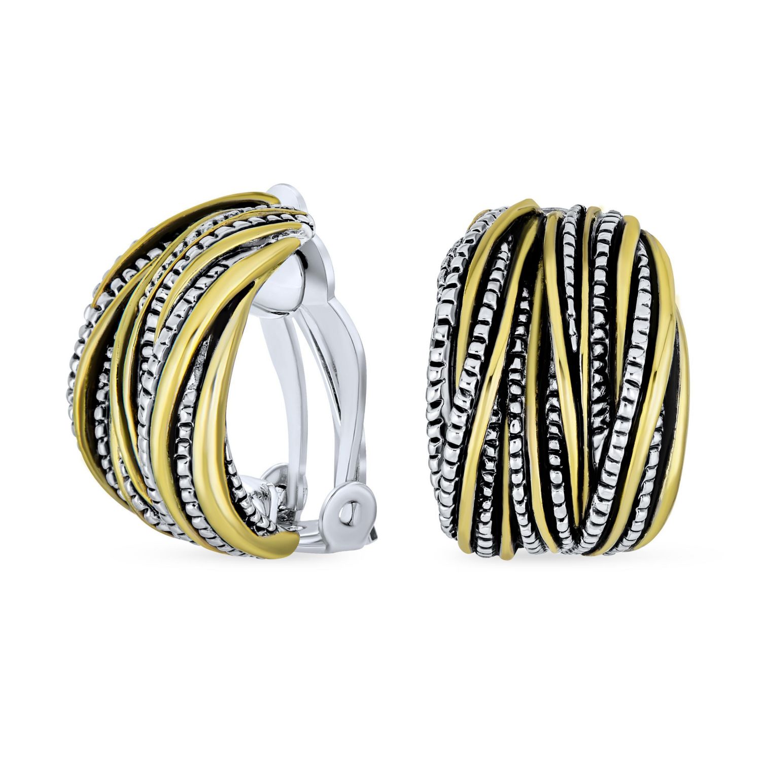Two-Tone Crossover Stripe Clip On Earrings Wide Oxidized Silver Gold Plated