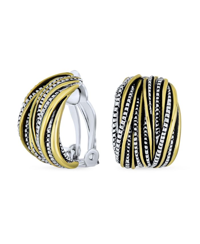 Bling Jewelry Two-Tone Crossover Stripe Clip On Earrings Wide Oxidized