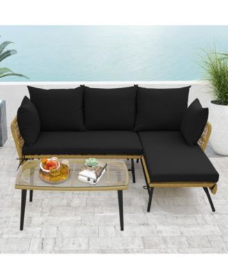 3 Pieces L-Shaped Patio Sofa with Cushions and Tempered Glass Table