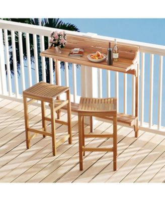 3 Pieces Patio Acacia Wood Bar Table Set with Footrest Curved Wood Seat