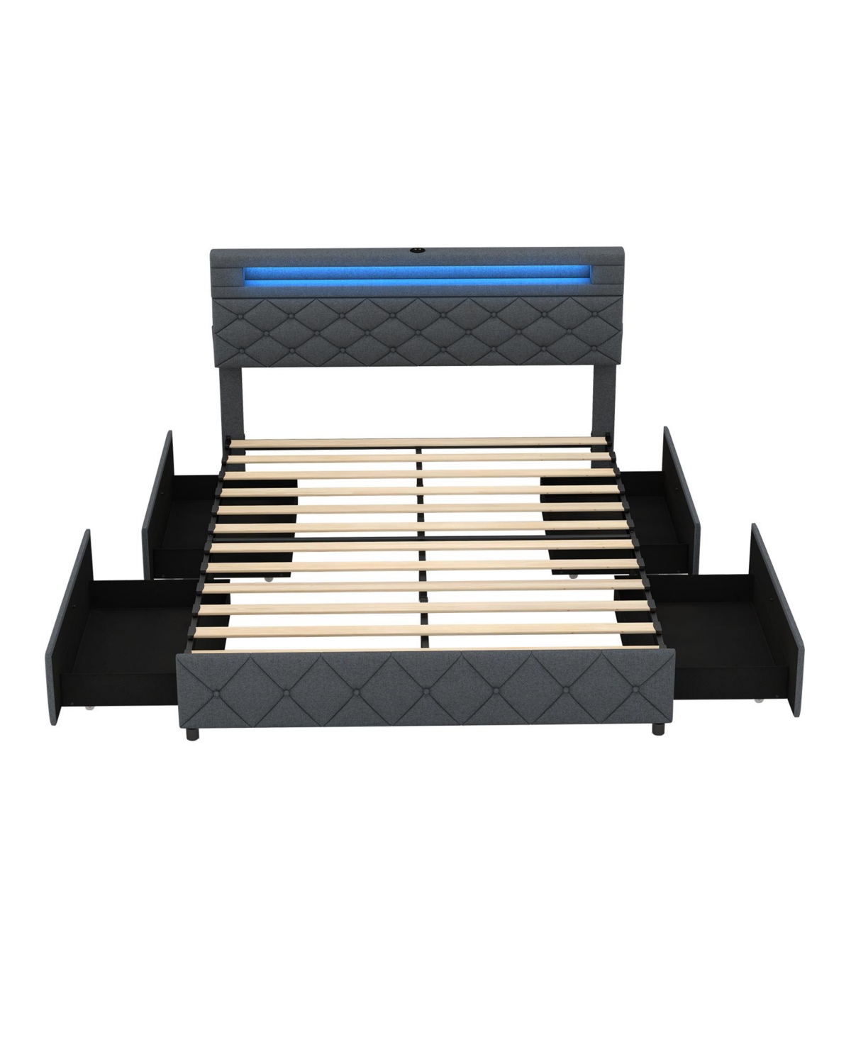 Bed Frame with Adjustable Storage Headboard Wooden Slat Support
