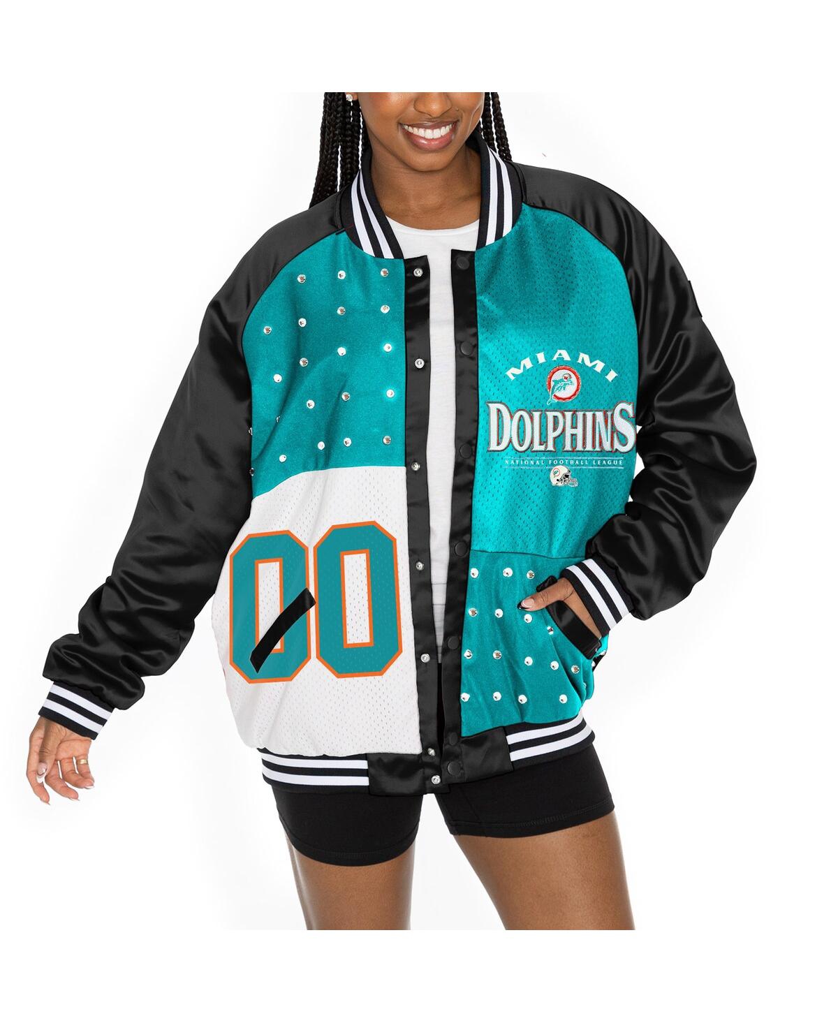 Women's Black/Aqua Miami Dolphins Oversized Hot Shot Rhinestone Throwback Full-Snap Varsity Bomber Jacket - Black, Aqua
