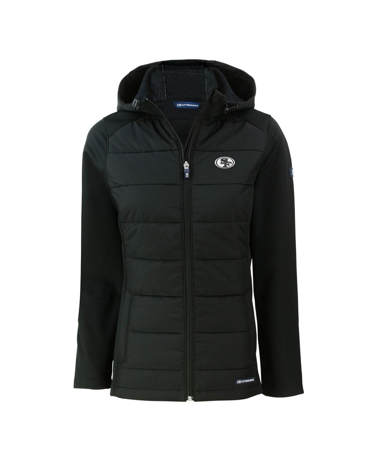 CUTTER & BUCK WOMEN'S BLACK SAN FRANCISCO 49ERS EVOKE HYBRID ECO SOFTSHELL FULL-ZIP HOODIE JACKET 