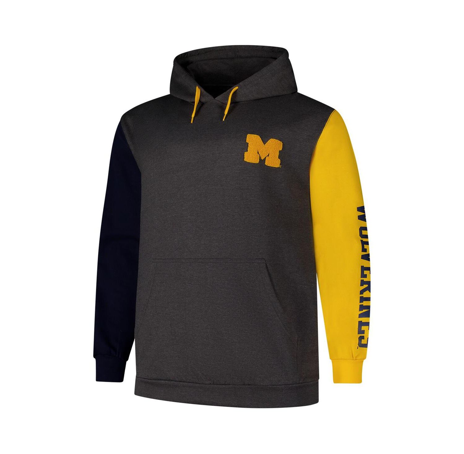 Men's Charcoal Michigan Wolverines Big & Tall Contrast Sleeves Pullover Hoodie