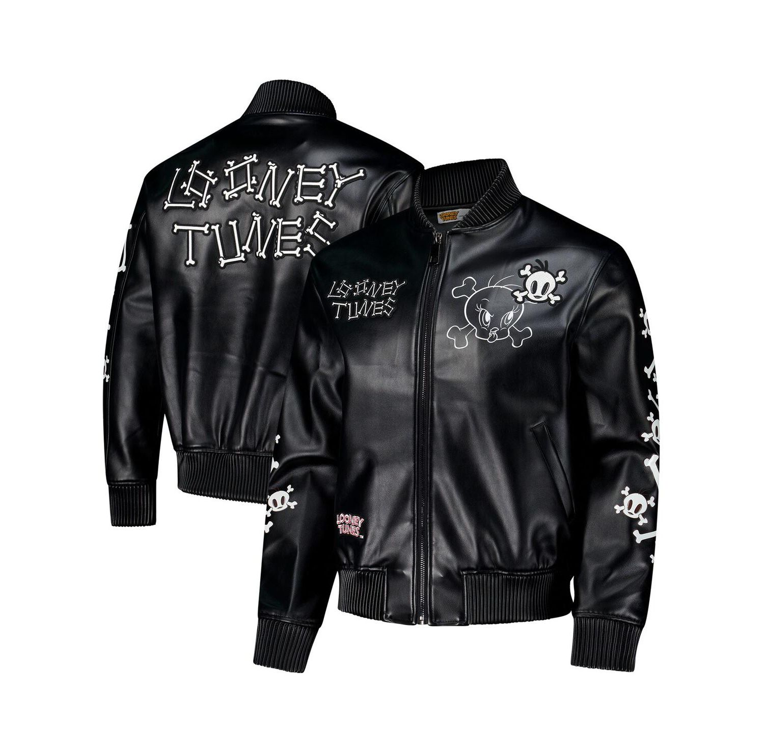 Men's Black Looney Tunes Tweety Bones Full-Zip Varsity Jacket