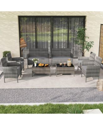 8 PCS Patio Furniture Set with Washable Cushions and Tempered Glass Coffee Table