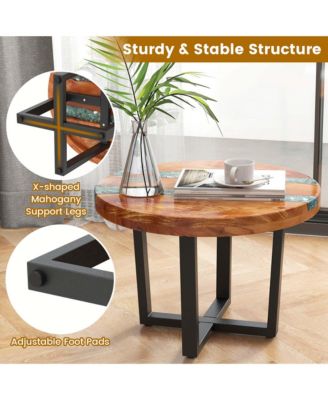 24" Round Teak Wood End Table with Epoxy Resin Tabletop Mahogany Base for Patio