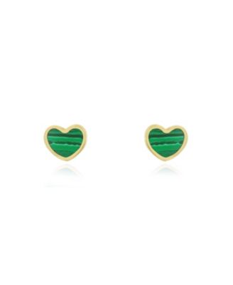 Mini Malachite Heart Stud Earrings 14K Gold