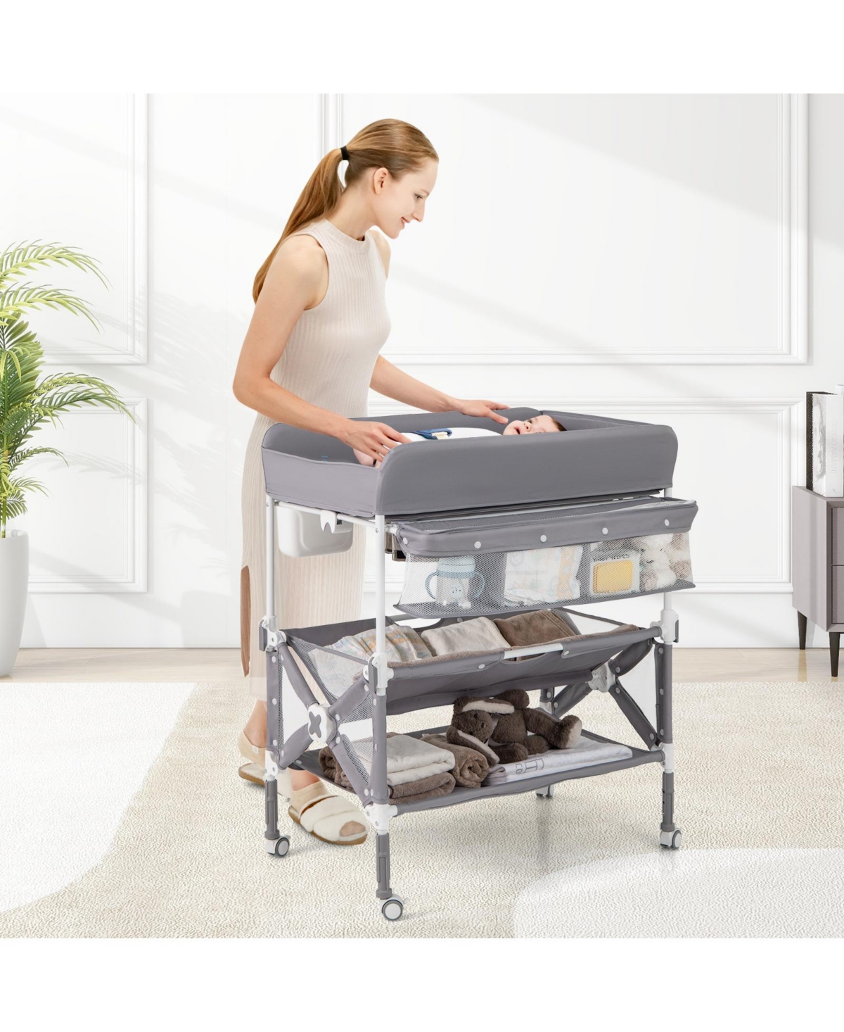 Portable Baby Changing Table with Wheels and Large Storage Rack Convenient and Mobile for Nursery Organization