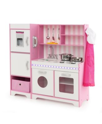 Kids Kitchen Playset with Adjustable LED Lights & Washing Machine Interactive Pretend Cooking Toy