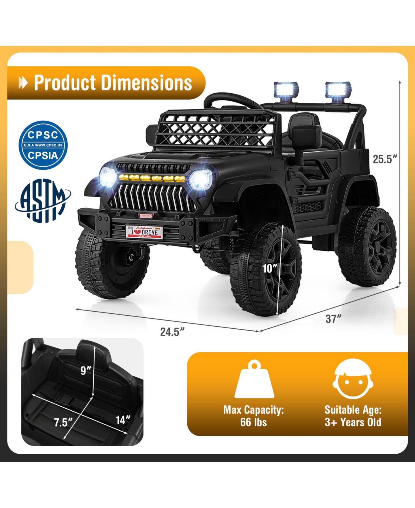 Детская игрушка Slickblue 12V Kids Ride-On Truck Car with Parental Remote Control and Music Player, 66 lbs Capacity, от 3 лет, цвет: Чёрный — фото 6