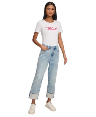 Womens High Rise Crystal Cuff Jeans Xs 14p