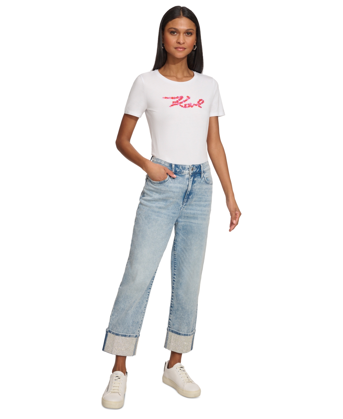 Karl Lagerfeld Women's High-rise Crystal-cuff Jeans