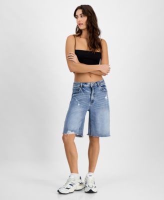 Tinseltown - Juniors' High-Rise Raw-Edge Denim Shorts