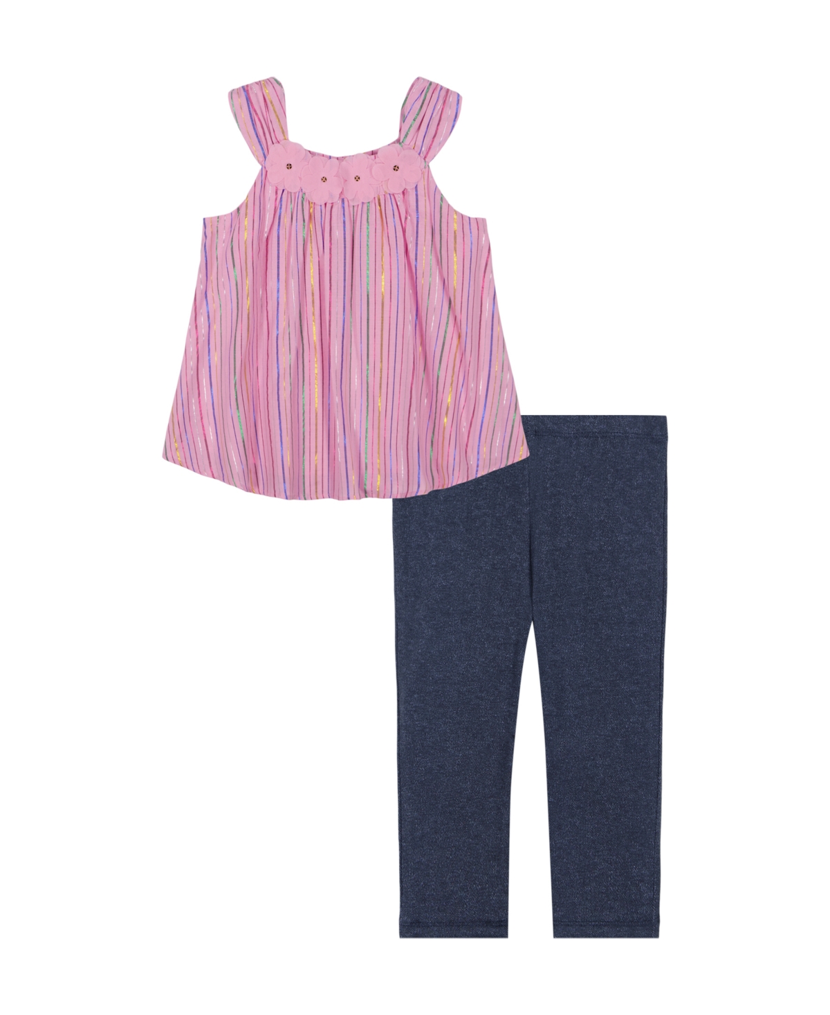 Shop Kids Headquarters 2-piece Toddler And Little Girls Lurex Stripe Swing Top And Capri Jegging Set In Pink Stripe,denim
