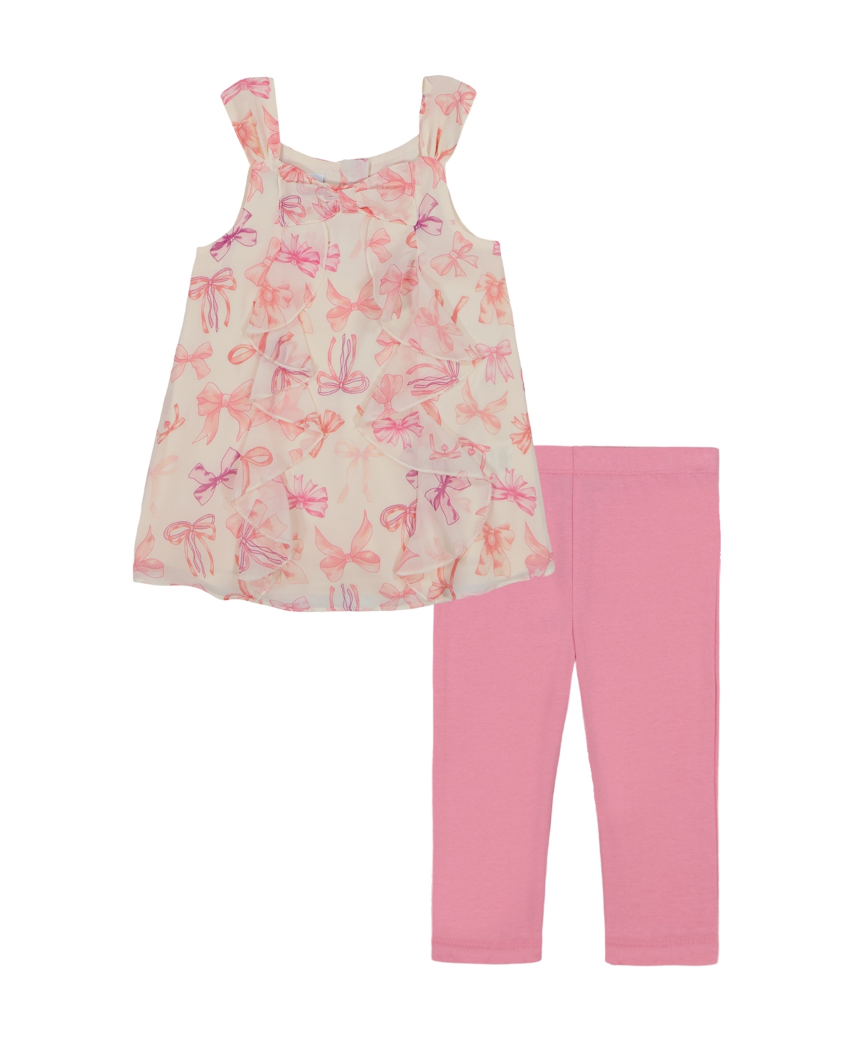 Kids Headquarters Toddler And Little Girls 2-piece Floral Georgette Cascade Front Tunic Top And Capri Legging Set In Rose