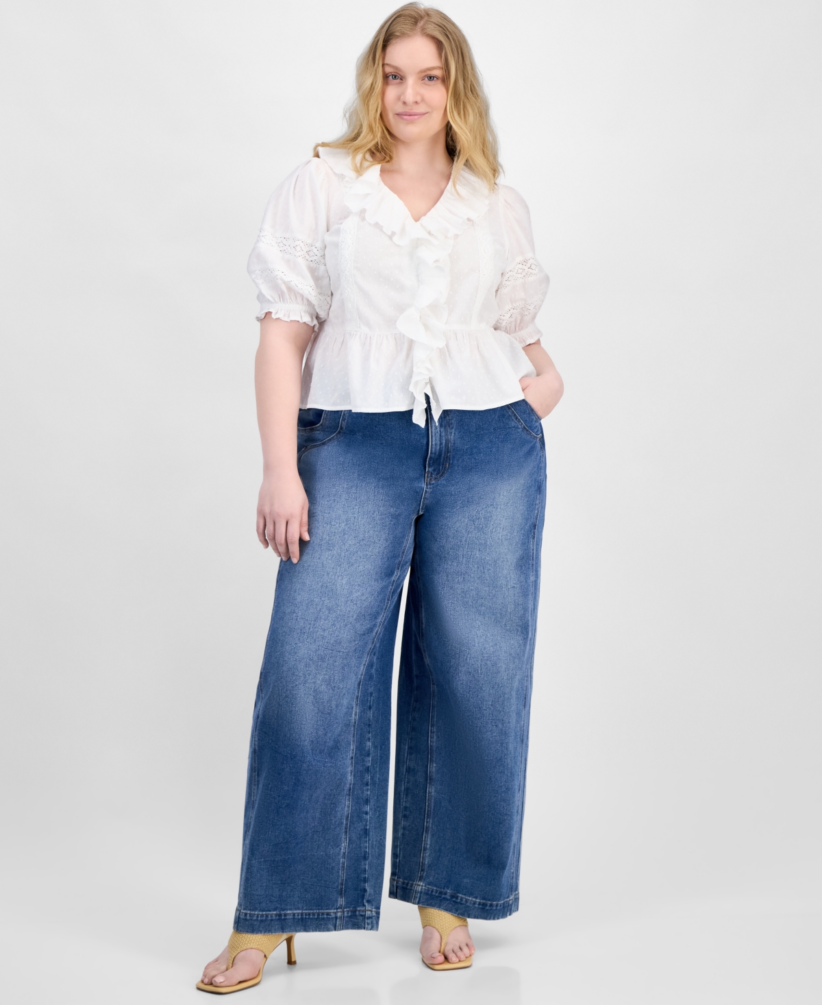 AND NOW THIS TRENDY PLUS SIZE COTTON RUFFLED SWISS-DOT BLOUSE, EXCLUSIVELY AT MACY'S 