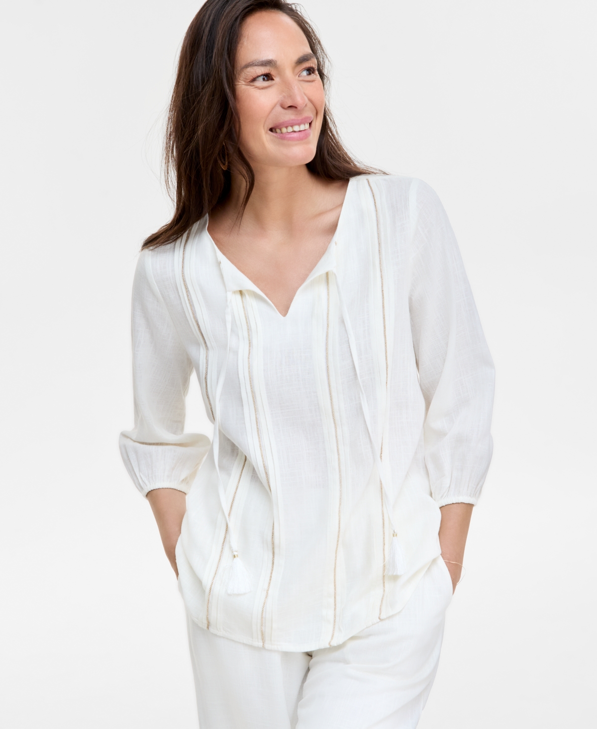 Jm Collection Women's Linen Blend Embroidered Pintuck Top, Exclusively At Macy's