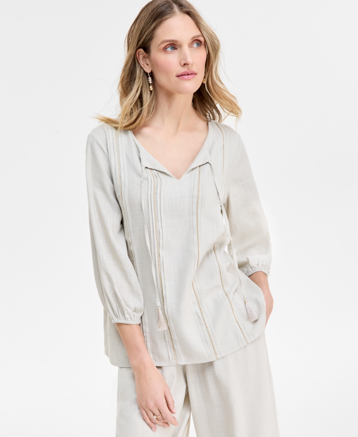Jm Collection Women's Linen Blend Embroidered Pintuck Top, Exclusively At Macy's