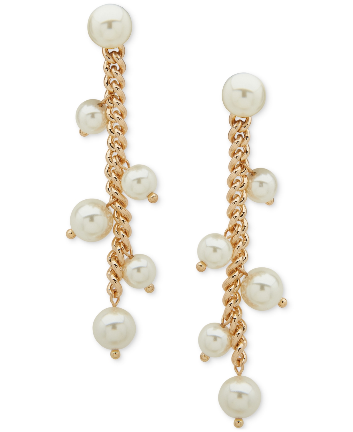 Gold-Tone Imitation Pearl Chain Linear Drop Earrings - White