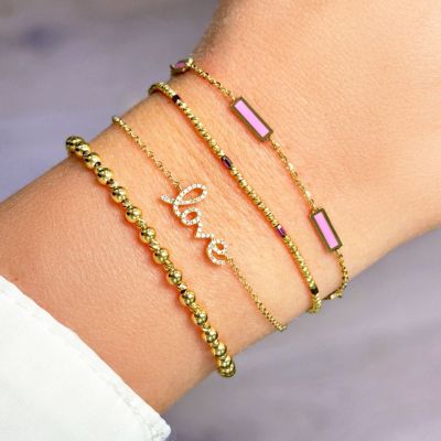 Pink and Gold Sparkle Cut Adjustable Bead Bracelet 14K Gold
