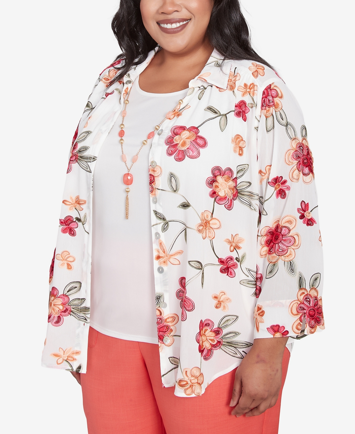 Alfred Dunner Plus Size Catalina Island Bright Floral Two In One Collared Neck Top With Necklace In White