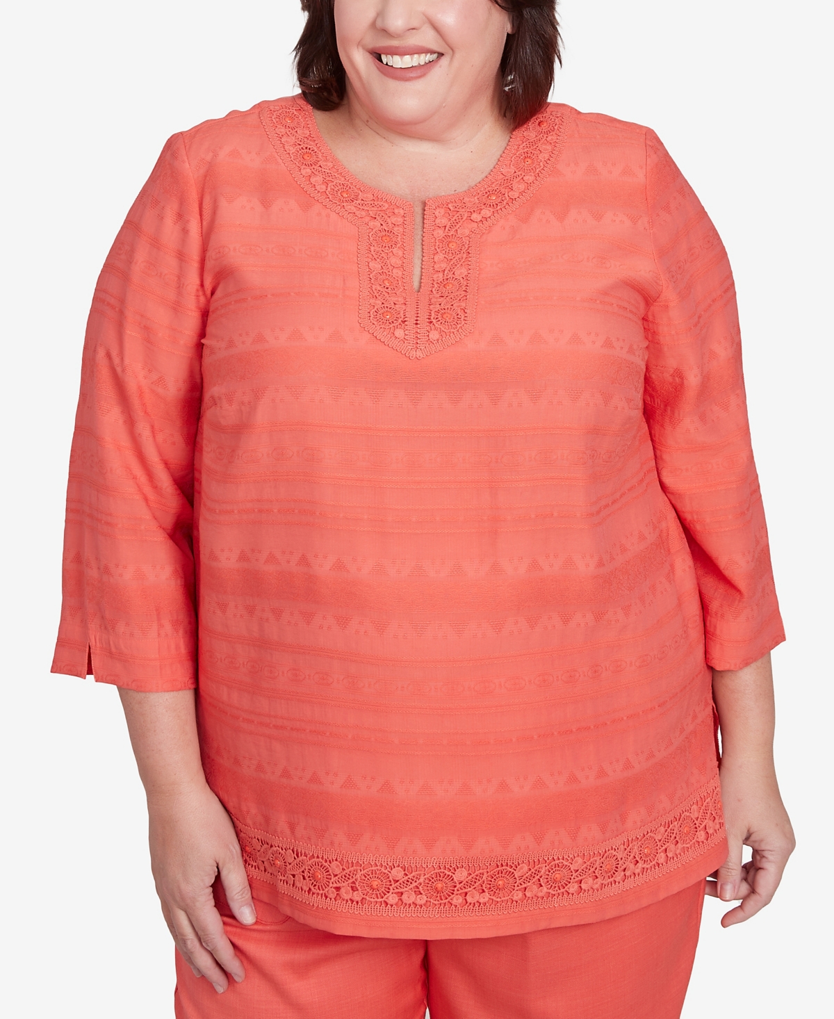 Alfred Dunner Plus Size Catalina Island Solid Textured Lace Trim Round Neck Top In Tangerine