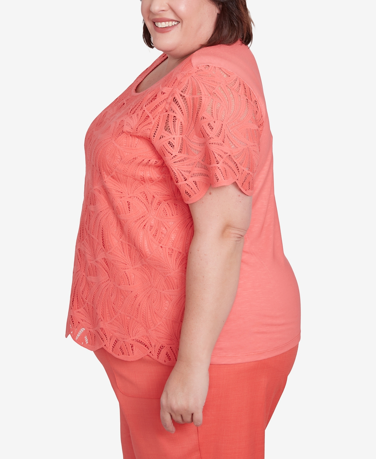 Alfred Dunner Plus Size Catalina Island Lace Trimmed Textured Crew Neck Top In Tangerine